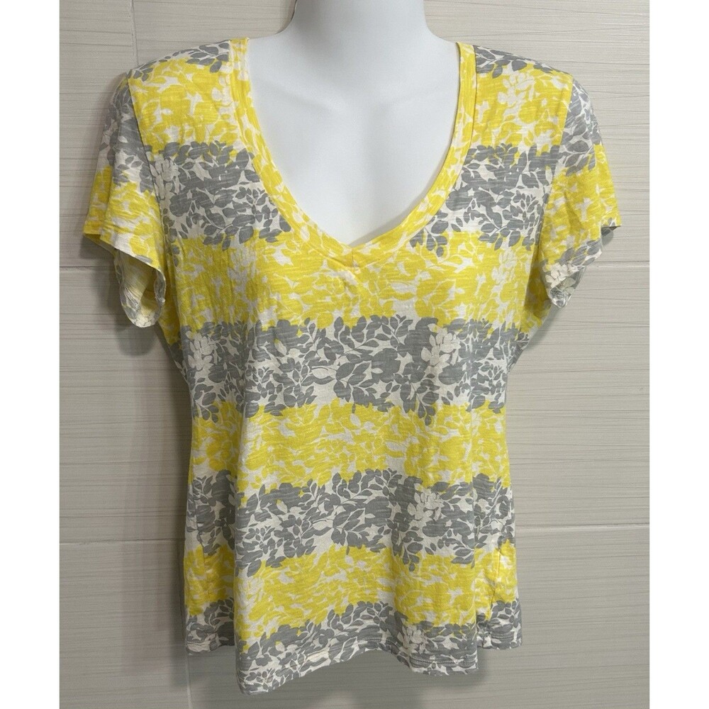 Banana Republic Small Yellow Gray Floral SS V Neck Top M, Spring Summer Casual